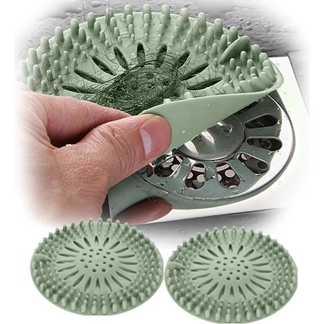 2PCS Grille d'évacuation de douche en TPR avec récupérateur de cheveux, adaptée aux lavabos, cuisines, salles de bains et baignoires, verte (1/5)
