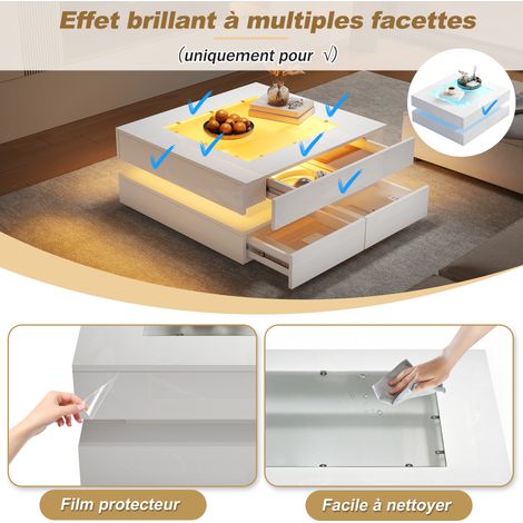 Table basse 707035cm avec plateau en verre, table basse géométrique avec lampes LED, 3 tiroirs, table de salon brillante, table de salon, table d'appoint, adaptée aux petits espaces, Blanc (1/5)
