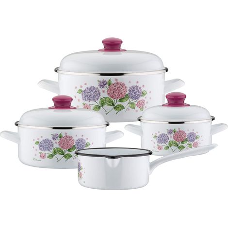 GSW Hortensie Set di pentole Ortensia, 7 Pezzi, Acciaio smaltato, plastica, Bianco