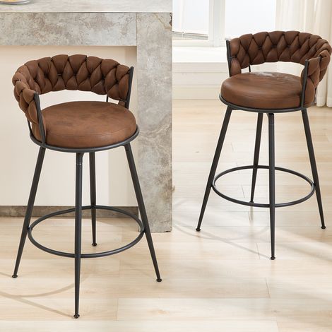 Tabouret de bar pivotant DYHOME - Lot de 2 - Dossier tressé - Cuir synthétique PU - Hauteur du siège : 71 cm - Marron foncé (1/5)
