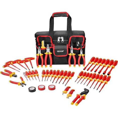 VEVOR Set di Cacciaviti Isolati da 50 pezzi, Kit di Utensili Isolati per Elettricisti Professionali da 1000 V con Punte Magnetiche, Chiave Esagonale con Impugnatura a T Tester di Tensione