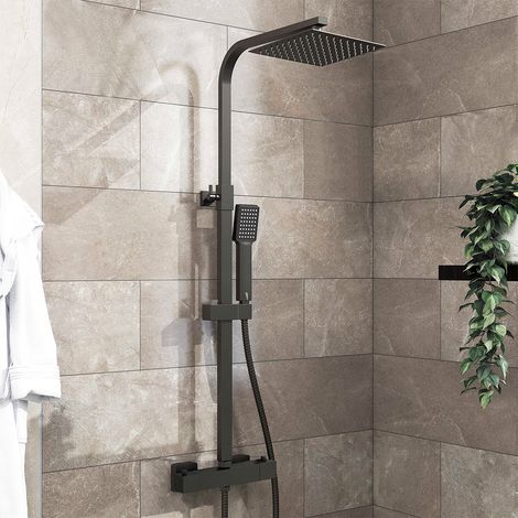 AICA ITALY Colonna Doccia con Miscelatore Termostatico, Sistema Doccia Antiscottatura, Set Doccia con Soffione a 20cm Pioggia e 40x280mm Rubinetto, Altezza Regolabile 73-115 cm Nero