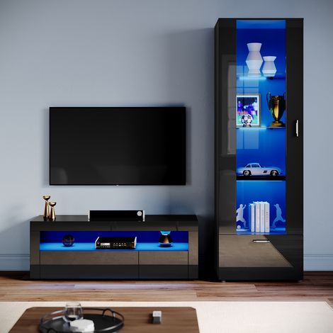 ELEGANT Living Room Set Modern High Gloss Fronts with LED Light, 1200mm TV Stand, Display Cabinet with Glass Shelf Tall Storage Cabinet, Black (1/5)