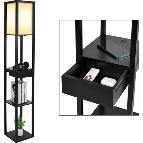 Puluomis – Lampadaire trépied noir 160 cm – Éclairage intérieur E27 avec 2 ports USB – Structure en bois et MDF – Tiroir coulissant pour rangement