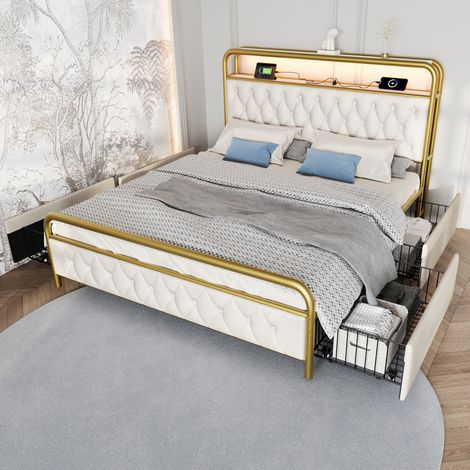 Cama tapizada moderna 140x200 cm de terciopelo blanco con cabecero estante, LED RGB, USB/Type-C y 4 cajones (1/5)
