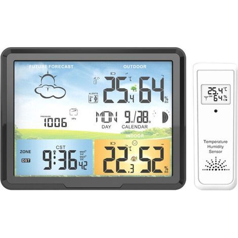 Station météo sans fil avec capteur extérieur, température et humidité intérieur/extérieur, prévisions météo, affichage numérique couleur.