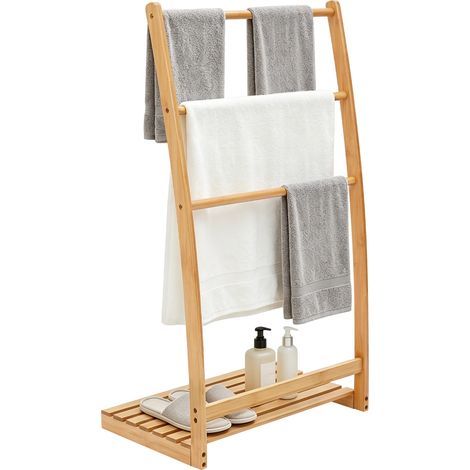 Porte-Serviettes en Bambou 3 Barres, Étagère de Rangement, Porte-Serviettes sur Pied, pour Salle de Bains et Buanderie, Naturel (1/5)