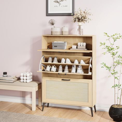 Scarpiera in rattan naturale 80x24x114 cm - Mobile da ingresso con cassetto e 2 vani ribaltabili - Stile scandinavo salvaspazio per 8-12 paia