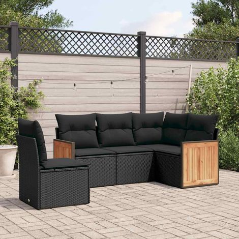 Ensemble Salon Jardin 5 Places Noir Résine Tressée avec Coussins - Meuble Extérieur Modulaire avec Rangement et Housse Lavable (1/3)