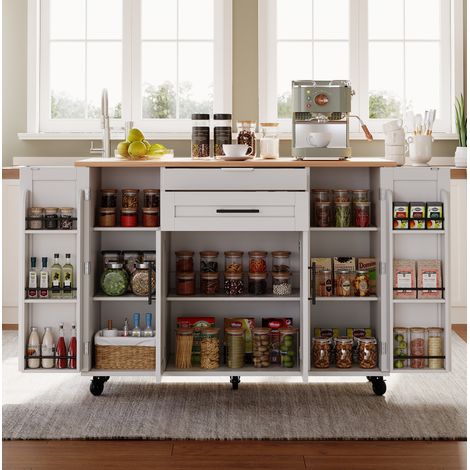 Isola cucina mobile 136x70x92 cm bianco/naturale con piano estraibile, cassetti e ampio spazio contenitivo (1/5)
