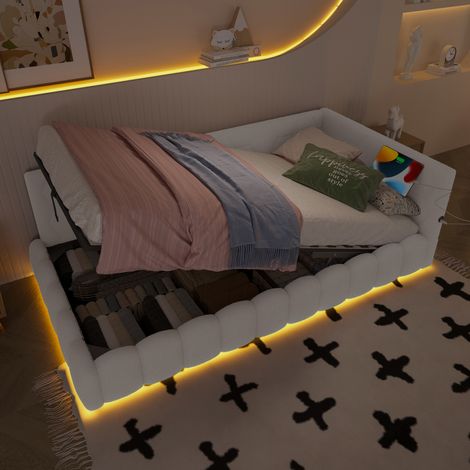 MEUBLIV Cama 90x200 cm blanca – almacenaje hidráulico, LED, USB/Type-C, sin colchón (1/5)