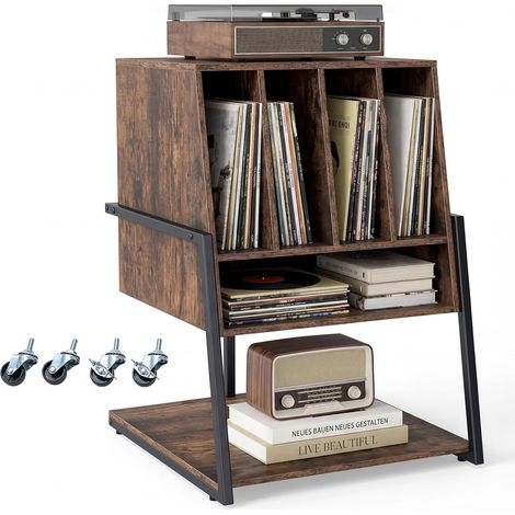 Meuble Platine Vinyle jusqu'à 180 Vinyle, 4 roulettes Inclus, Étagères, 5 Compartiments, Support Tourne Disque pour Albums, Manga, Livres, Marron (1/5)