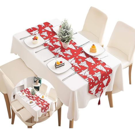 FLITIChemin de table en coton rouge à motif tartan de Noël – Lavable, avec pampilles décoratives – Idéal pour repas familiaux et décoration festive (1/5)