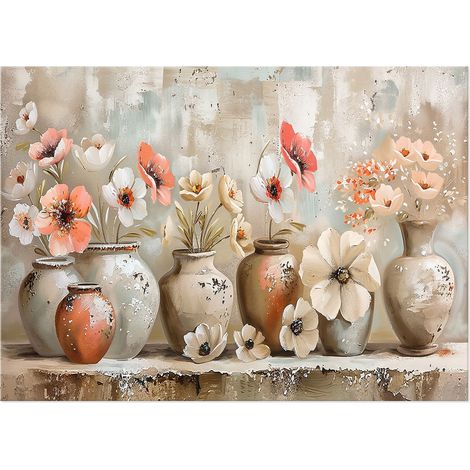 Lupia - Quadro moderno Canvas Prime FLOREALE SHABBY 1 50x70 cm, Stampa su Tela effetto dipinto vasi con fiori, Pennellate tridimensionale, Telaio in Legno, per soggiorno camera da letto ufficio