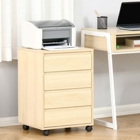 Meuble de bureau à roulettes avec 4 tiroirs aspect bois clair (1/5)