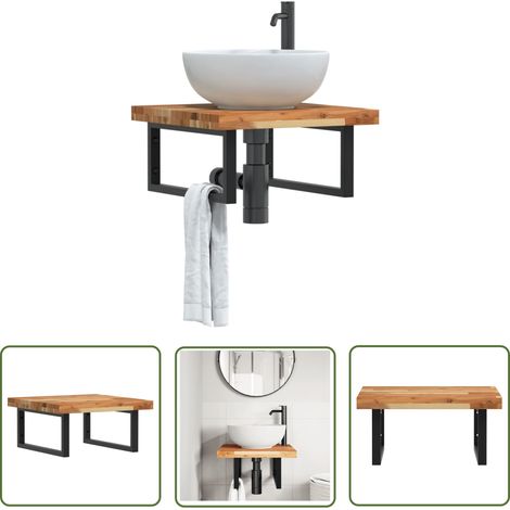 The Living Store Étagère de vasque murale acier et bois massif d'acacia - Meuble De Salle De Bain - Étagère Murale - Étagère De Lavabo - Meuble Suspendu - Rangement Salle De Bain (1/5)