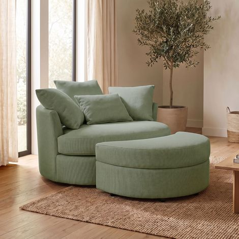 M&S – Fauteuil rond loveuse pivotante – Tissu texturé kaki – Rotation 360° – Coffre de rangement intégré – 4 coussins déco inclus (1/5)