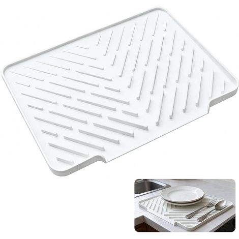 Tapis Égouttoir Vaisselle Silicone (40x31cm), Tapis de Séchage Vaisselle Cuisine Autovidangeable Incliné, Égouttoir à Vaisselle Résistant à la Chaleur et Antidérapant pour Évier (Blanc Crème / Beige) (1/5)