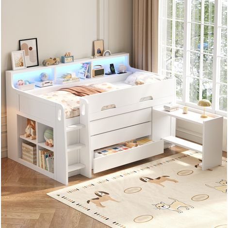 Letto a soppalco basso 90x200 cm con 3 cassetti e scrivania mobile, bianco (1/5)
