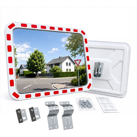 Relaxdays traffic mirror, 60x80 cm, with pole mount, reflective edge, outdoor, square safety mirror, white/red (1/5)