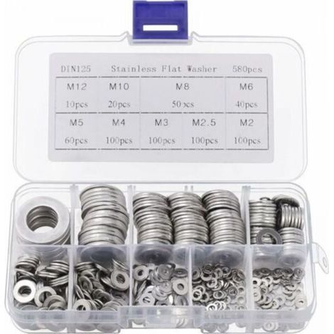 Stainless Steel Washers with Storage Box (Set of 580) - Assortment of 9 Sizes M2, M2.5, M3, M4, M5, M6, M8, M10 & M12 - Metal Washer Set - Repairs, Factories & Interior Decoration (1/5)