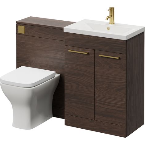 Napoli 390 Cento Brown Oak 1200mm 2 Door Vanity Unit Toilet Suite with Glide Basin - 1200mm - Brushed Brass 160mm HandleWith Kingston Toilet Pan and Seat