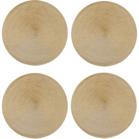 Set aus vier großen gewebten Platzsets für den Esstisch, runde Platzsets aus gewebtem Stoff mit einem Durchmesser von 15 Zoll für den Innenbereich, hitzebeständig und rutschfest, goldfarben.