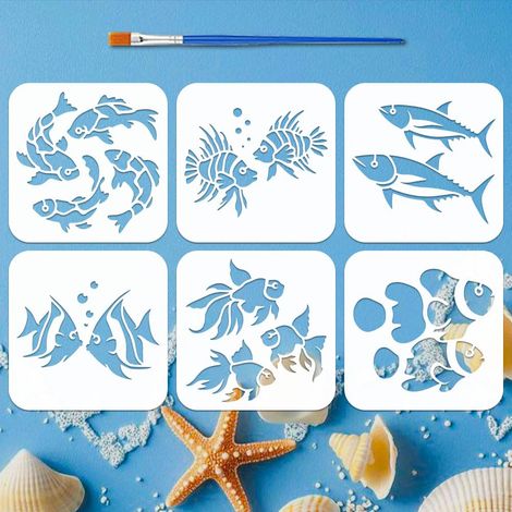 6 Pcs Pochoirs de Banc de Poissons avec Pinceau 15x15cm 6 Styles Pochoirs de Peinture de Motifs de Poisson Réutilisables Gabarit Bancs Poissons pour Bois Mur Meuble DIY Décor Maison (1/5)