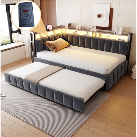 Lit banquette escamotable 90/200 cm en velours gris avec LED, USB et rangements (1/5)