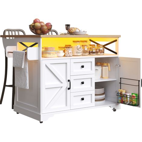 Chariot de service de cuisine à roulettes avec LED contrôlée par application et table rabattable, étagères à snacks îlot de cuisine mobile, bar d'appoint, table d'appoint, meuble de cuisine moderne, t (1/5)