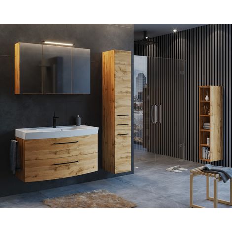 Badezimmer Set Industrial Style 100 cm Waschtisch und Hochschrank MORISSON-03 in Wotan Eiche Nb. inkl. Waschbecken, B/H/T: ca. 215/200/50 cm (1/5)