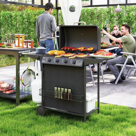 Barbecue à gaz avec 4+1 brûleurs indépendants et couvercle avec thermomètre. 121 x 54 x 97 cm. Noir.