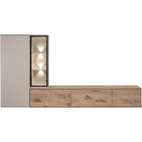 Composizione murale CALIRE – Mobile TV e contenitori sospesi – Quercia Vicking e Cashmere