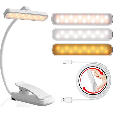 Lampe de lecture rechargeable 24 LED, clip livre, protection des yeux, 3 couleurs & 5 intensités, gradation progressive, col flexible 360°, portable pour lire au lit, blanc (1/5)