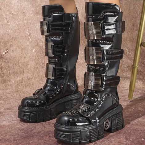 Bottes mi-mollet rétro décontractées pour fille sexy, style streetwear espagnol, bottes de moto métal, style punk, vêtements de travail, bottes rock à semelles épaisses (1/5)
