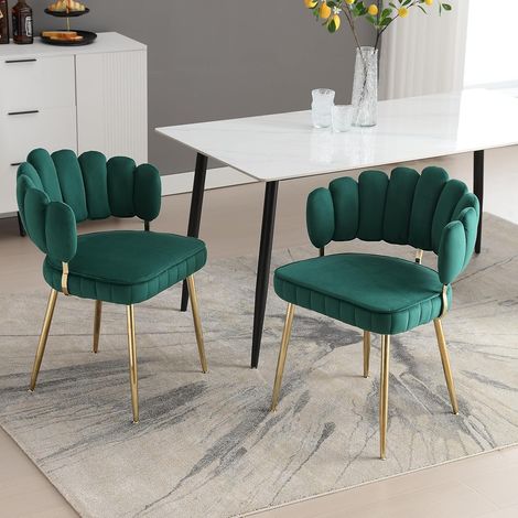 Fauteuil - Lot de 2 Fauteuils Moderne avec Dossier Fleur et Accoudoirs Arrondis, Pieds Métalliques, 58 x 56 x 78 cm, Émeraude (1/5)