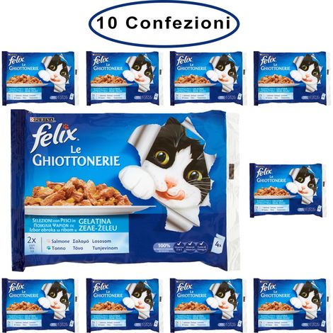 Purina felix le ghiottonerie umido gatto salmone & tonno 10 confezioni da 4 buste da 100 grammi