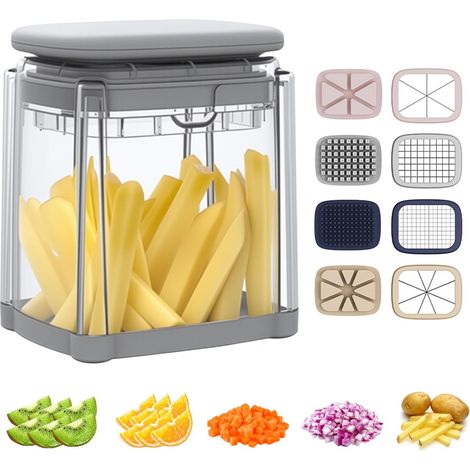 Coupe Frite, 4 EN 1 Decoupe Legumes Manuel avec avec 4 Lames Interchangeables Mandoline Dicer à Presse Coupe Legumes Multifonctions pour Frites, Concombre, Carotte, Oignon, Fruits (1/5)