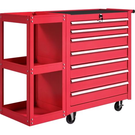 Chariot d'atelier/chariot à outils avec 7 tiroirs, étagère latérale amovible, 4 roulettes avec freins, 96 x 33,5 x 75 cm, rouge (1/5)