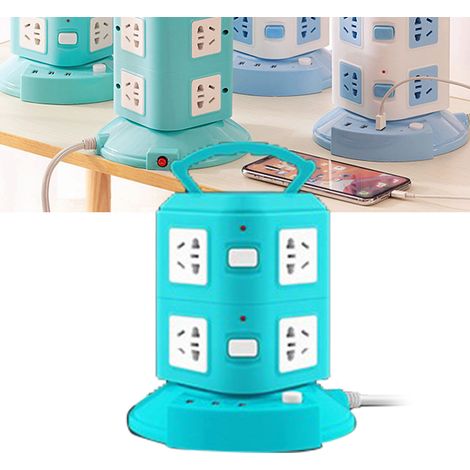 Socle multiprise tour 2 étages, prise multiple avec protection surcharge, port USB 220V 10A, vert paon, portable et multifonction (1/5)