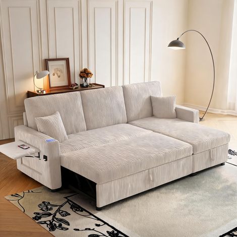 Canapé d'angle en tissu côtelé beige avec rangement escamotable (1/5)