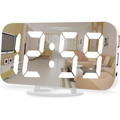 Réveil numérique, horloge électronique à miroir LED de 6,5 pouces, format 12/24 heures, deux ports de chargement USB, 3 niveaux de luminosité réglables.