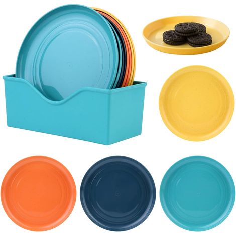 Lot de 12 assiettes en plastique réutilisables en 4 couleurs pour petit-déjeuner et dessert avec étagère de rangement (rondes) (1/5)