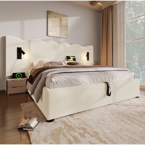 Polsterbett 180x200 cm modern in Cord Beige-Weiß mit Wellen-Kopfteil, Leselampe, USB/Type-C und hydraulischem Stauraum (1/5)