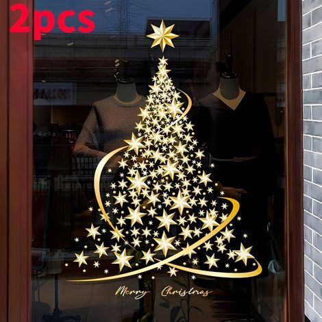 2 pcs. Autocollants PVC festifs pour vitres - Sapins de Noël dorés, faciles à poser et à retirer, idéaux pour décorations de fêtes (1/5)