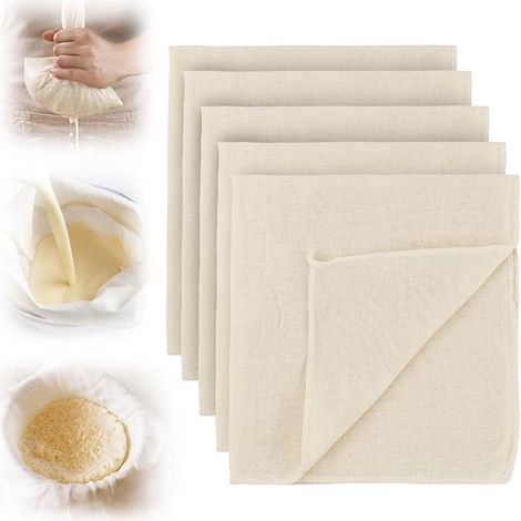 5 Pcs Etamine Alimentaire Filtre Cheesecloth Reusable 50 x 50 cm 100% CotonToile a Beurre Filtre Passoire en Tissu pour Filtrer, Fromage, Beurre, Jus, Lait de Noix (Beige) (1/5)