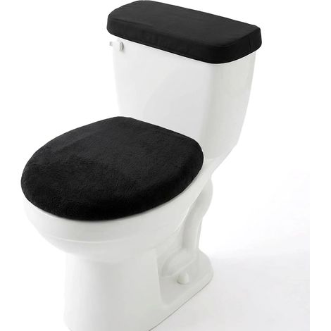 Set composto da copriwater e copricassone in morbido velluto con elastico sul fondo, lavabile in lavatrice, adatto alla maggior parte dei sedili WC, colore nero. (1/5)