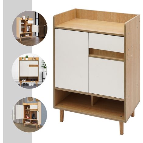 Schuhschrank aus weißem Holz mit 1 Schublade und 2 Türen, Schuhregal, Schuhaufbewahrung, Schuhschrank für das Wohnzimmer, 60 x 32 x 90 cm