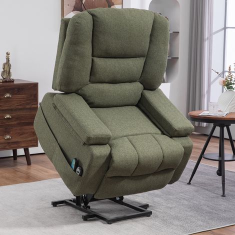 Fauteuil électrique relaxant vert massant chauffant, inclinaison réglable, repose-jambes et télécommande. (1/5)