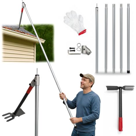 Kit Nettoyage Gouttière en métal Outil Débouchage Gouttière 2-en-1 5 barres extensibles tête pelle et râteau adaptateur métal enlève feuilles et boue, entretien toiture (11 pièces) (1/5)